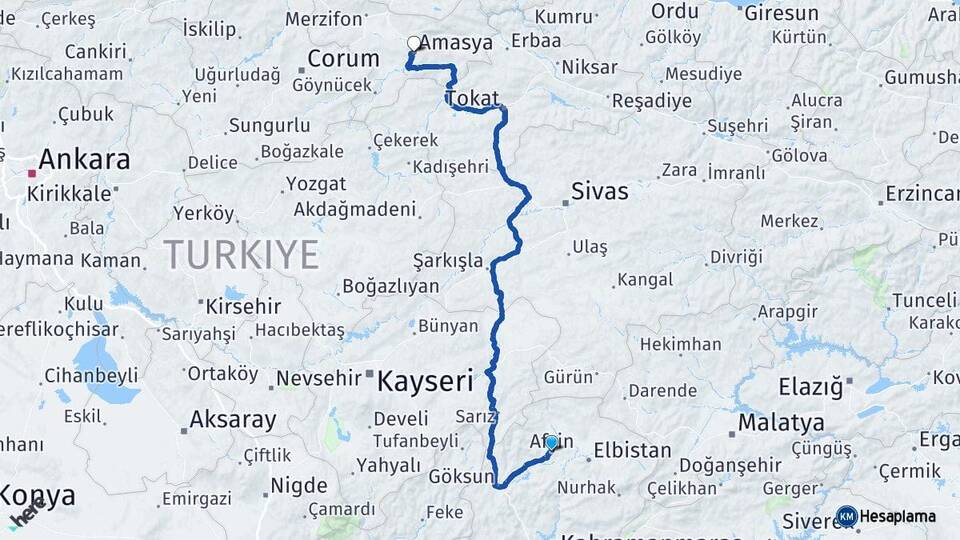 Kahramanmaraş Afşin Amasya Arası Kaç Km - Yol Haritası