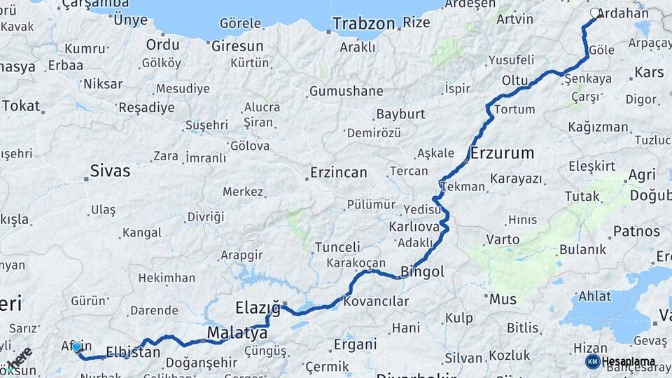 Kahramanmaraş Afşin Ardahan Arası Kaç Km - Yol Haritası
