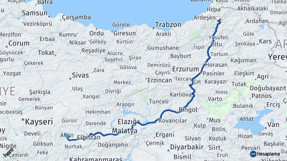 Kahramanmaraş Afşin Artvin Arası Kaç Km - Yol Haritası