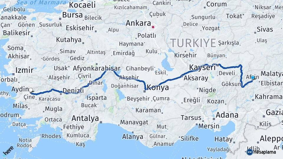 Kahramanmaraş Afşin Aydın Arası Kaç Km - Yol Haritası