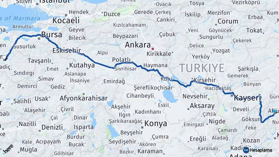 Kahramanmaraş Afşin Balıkesir Arası Kaç Km - Yol Haritası