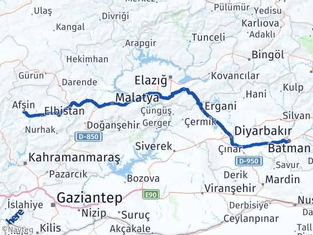 Kahramanmaraş Afşin Batman Arası Kaç Km - Yol Haritası