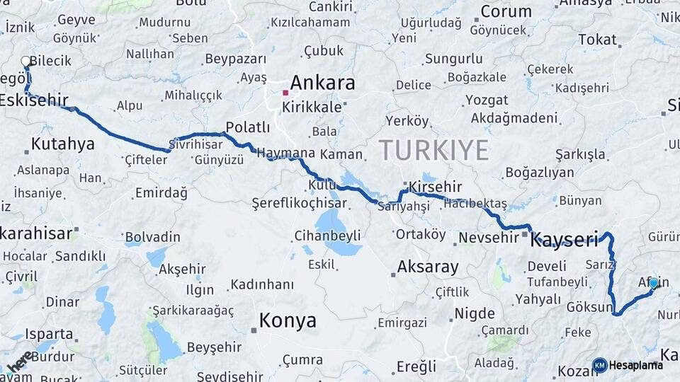 Kahramanmaraş Afşin Bilecik Arası Kaç Km - Yol Haritası