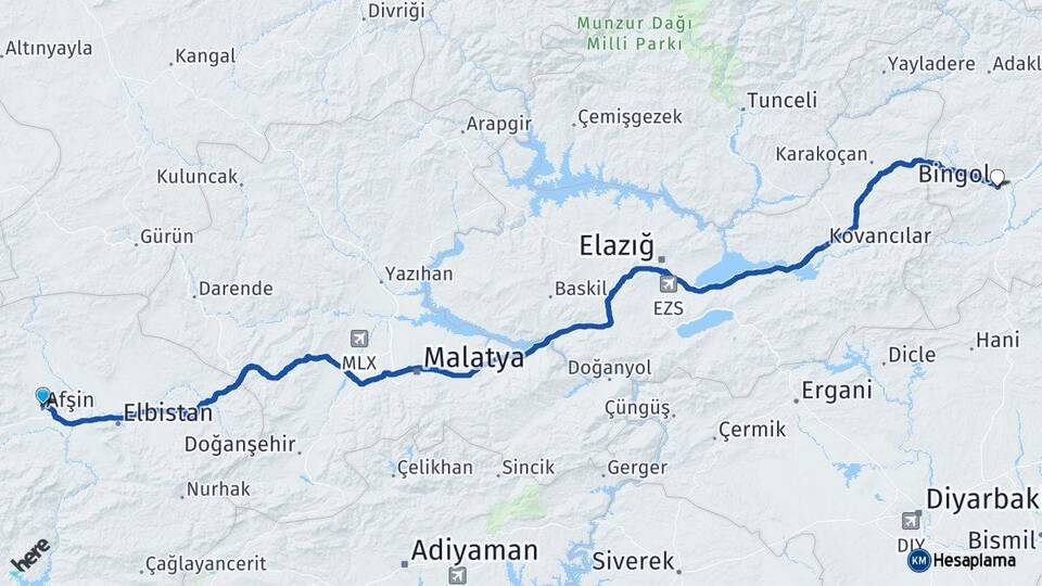 Kahramanmaraş Afşin Bingöl Arası Kaç Km - Yol Haritası