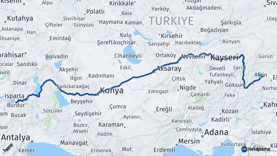 Kahramanmaraş Afşin Burdur Arası Kaç Km - Yol Haritası