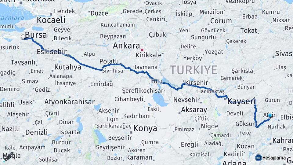 Kahramanmaraş Afşin Bursa Arası Kaç Km - Yol Haritası