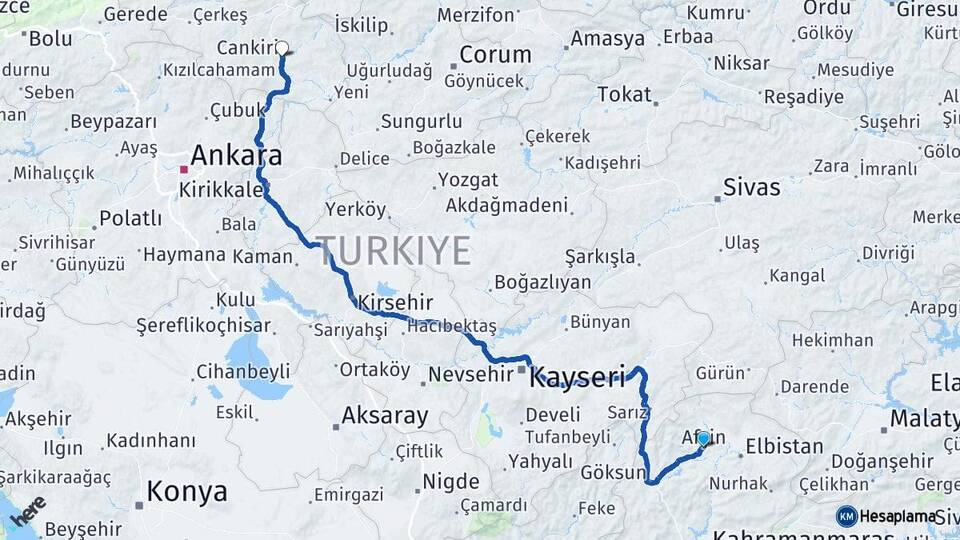 Kahramanmaraş Afşin Çankırı Arası Kaç Km - Yol Haritası