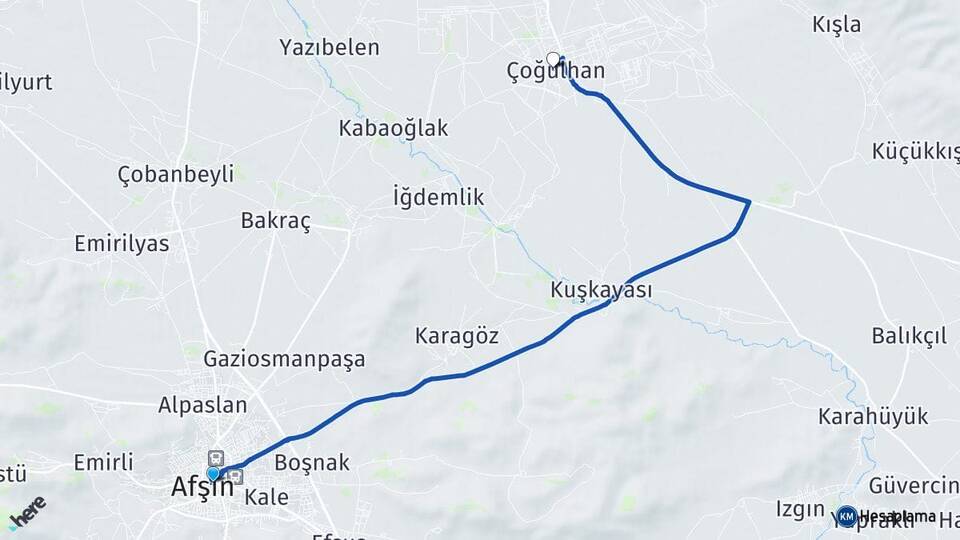 Kahramanmaraş Afşin Çoğulhan Afşin Arası Kaç Km - Yol Haritası