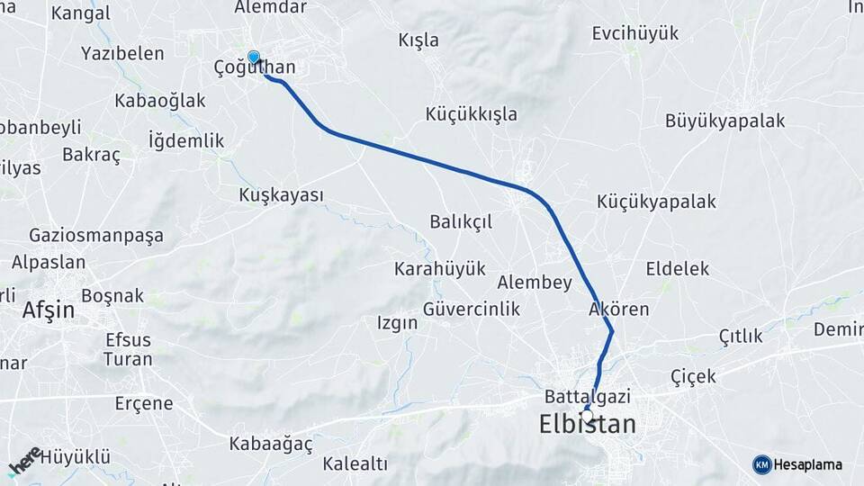 Kahramanmaraş Afşin Çoğulhan Elbistan Arası Kaç Km - Yol Haritası