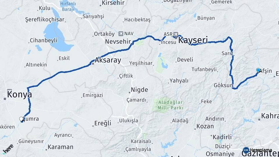 Kahramanmaraş Afşin Çumra Konya Arası Kaç Km - Yol Haritası