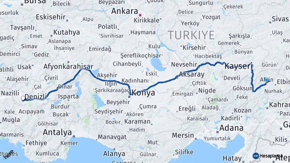 Kahramanmaraş Afşin Denizli Arası Kaç Km - Yol Haritası