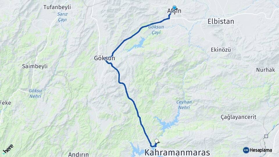 Kahramanmaraş Afşin Dulkadiroğlu Arası Kaç Km - Yol Haritası