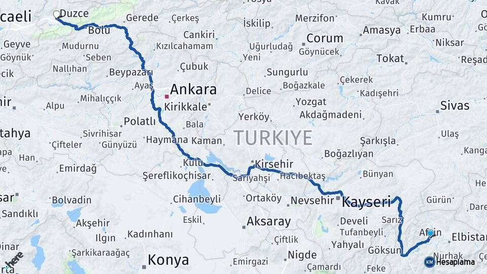 Kahramanmaraş Afşin Düzce Arası Kaç Km - Yol Haritası