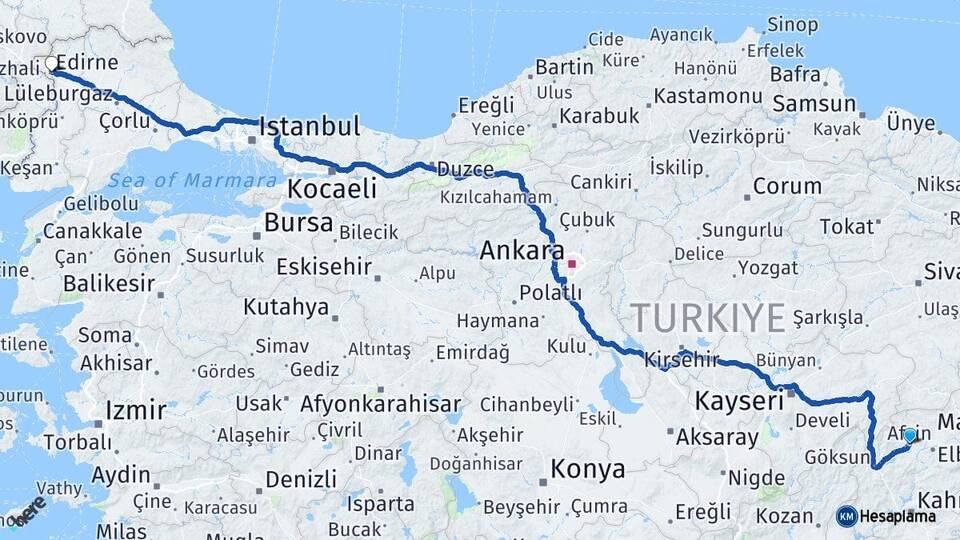 Kahramanmaraş Afşin Edirne Arası Kaç Km - Yol Haritası