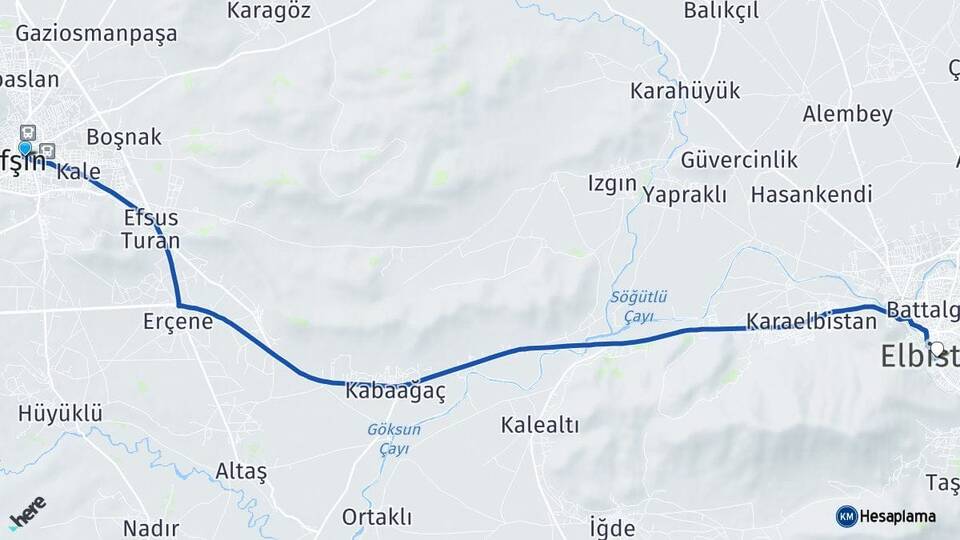 Kahramanmaraş Afşin Elbistan Arası Kaç Km - Yol Haritası