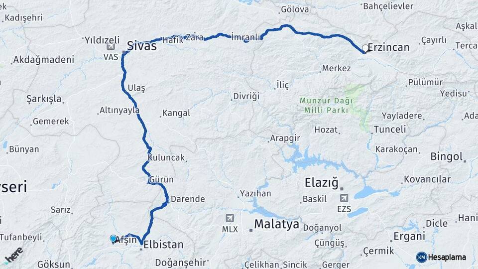 Kahramanmaraş Afşin Erzincan Arası Kaç Km - Yol Haritası
