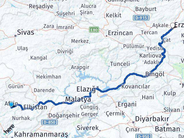 Kahramanmaraş Afşin Erzurum Arası Kaç Km - Yol Haritası