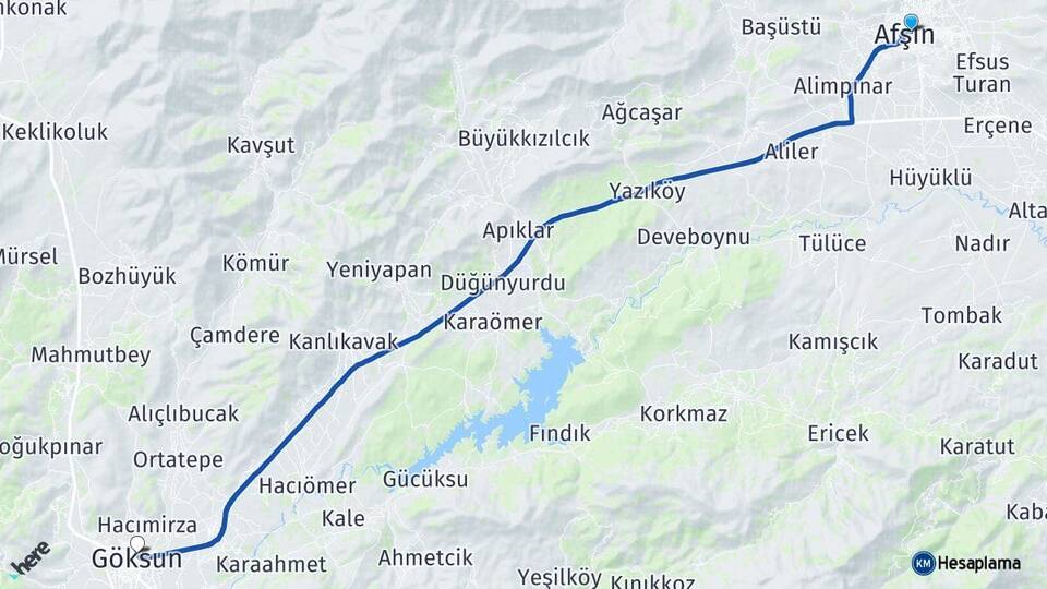 Kahramanmaraş Afşin Göksun Arası Kaç Km - Yol Haritası