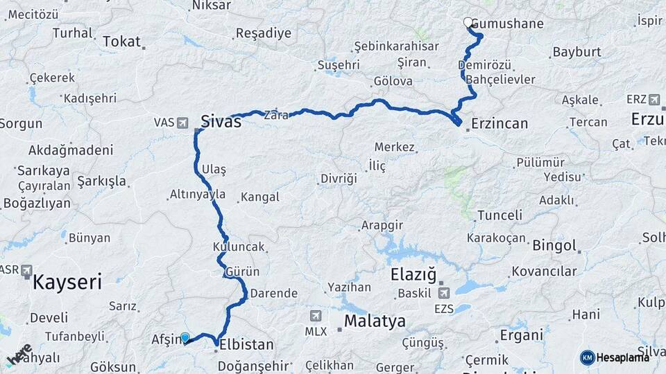 Kahramanmaraş Afşin Gümüşhane Arası Kaç Km - Yol Haritası