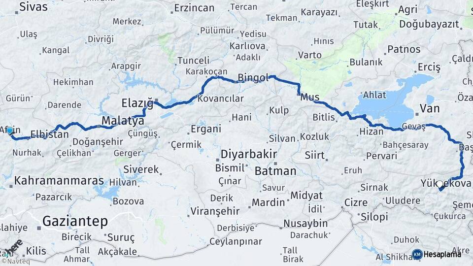 Kahramanmaraş Afşin Hakkari Arası Kaç Km - Yol Haritası
