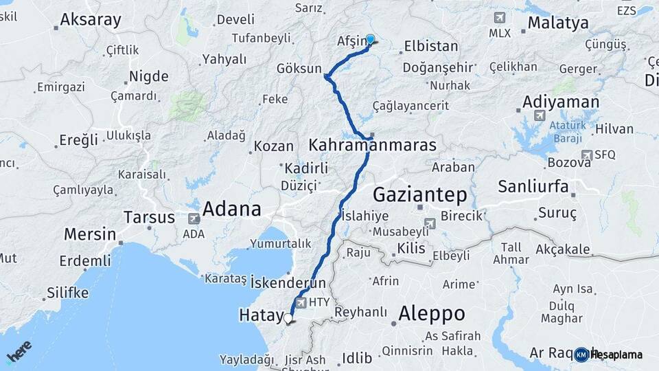 Kahramanmaraş Afşin Hatay Arası Kaç Km - Yol Haritası