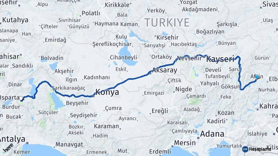 Kahramanmaraş Afşin Isparta Arası Kaç Km - Yol Haritası