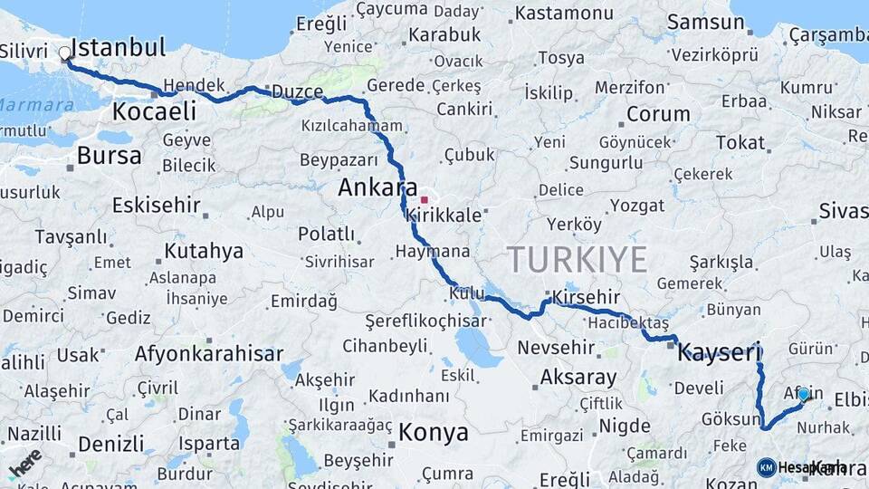 Kahramanmaraş Afşin İstanbul Arası Kaç Km - Yol Haritası