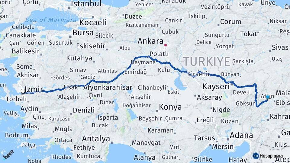 Kahramanmaraş Afşin İzmir Arası Kaç Km - Yol Haritası