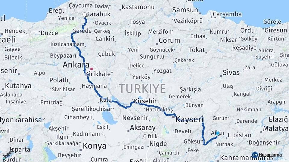 Kahramanmaraş Afşin Karabük Arası Kaç Km - Yol Haritası