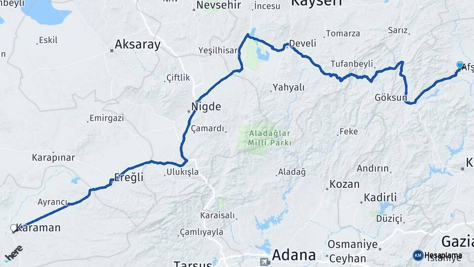 Kahramanmaraş Afşin Karaman Arası Kaç Km - Yol Haritası