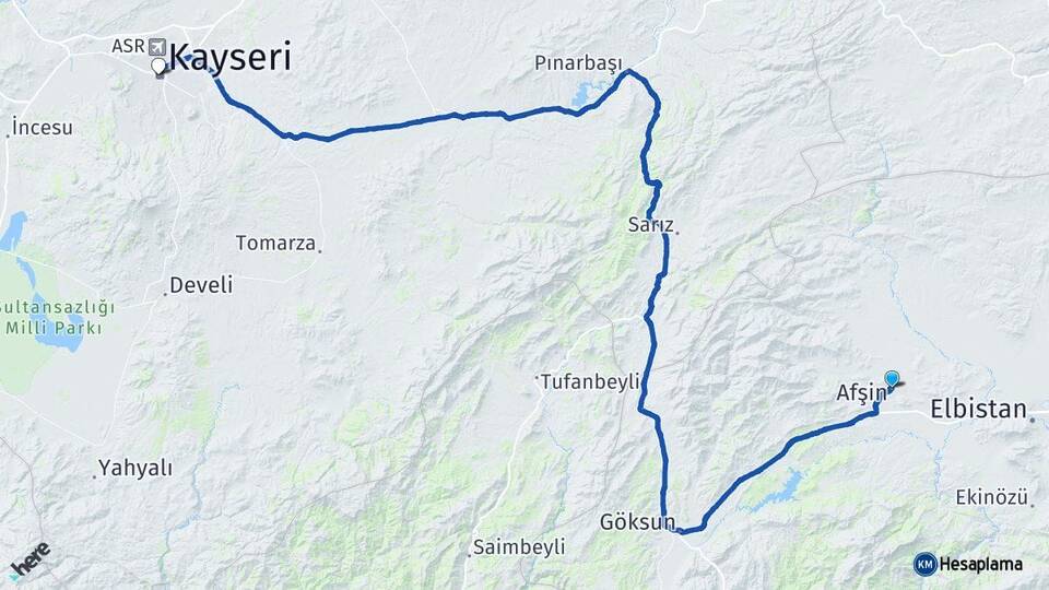 Kahramanmaraş Afşin Kayseri Arası Kaç Km - Yol Haritası