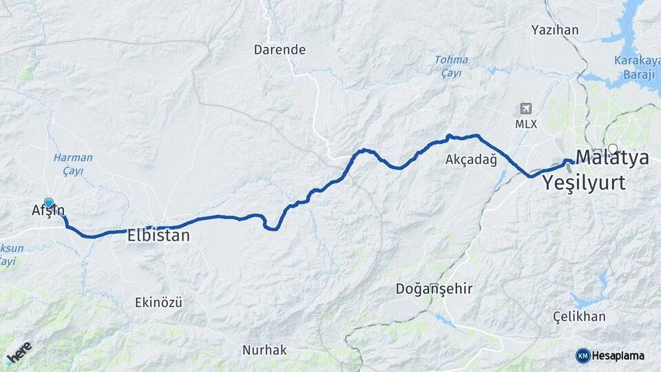 Kahramanmaraş Afşin Malatya Arası Kaç Km - Yol Haritası