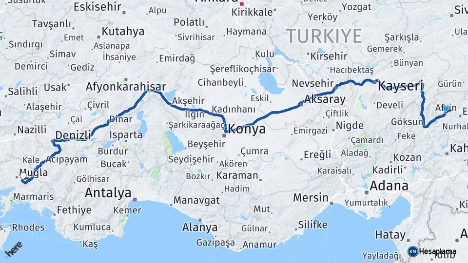 Kahramanmaraş Afşin Muğla Arası Kaç Km - Yol Haritası