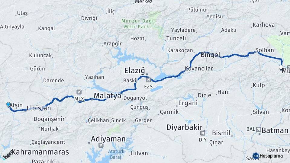 Kahramanmaraş Afşin Muş Arası Kaç Km - Yol Haritası