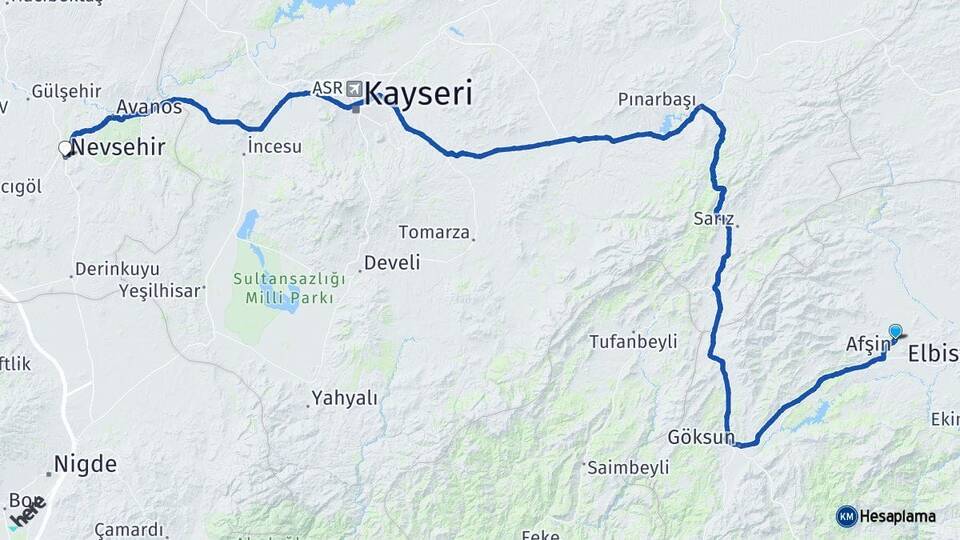 Kahramanmaraş Afşin Nevşehir Arası Kaç Km - Yol Haritası