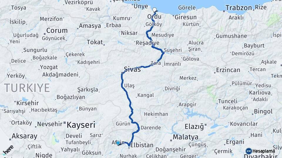Kahramanmaraş Afşin Ordu Arası Kaç Km - Yol Haritası