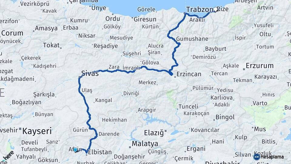Kahramanmaraş Afşin Rize Arası Kaç Km - Yol Haritası