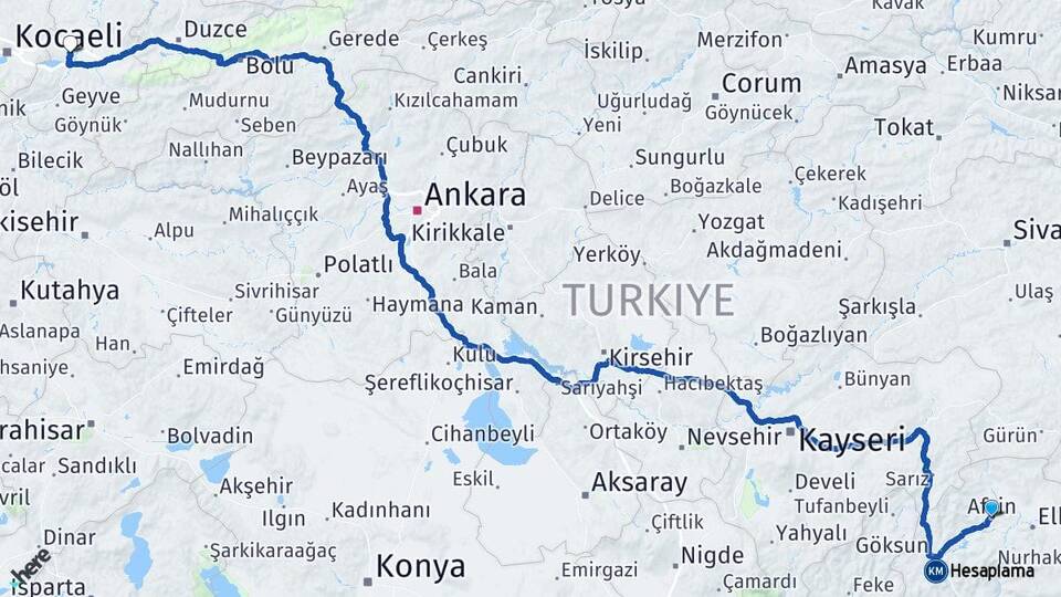 Kahramanmaraş Afşin Sakarya Arası Kaç Km - Yol Haritası