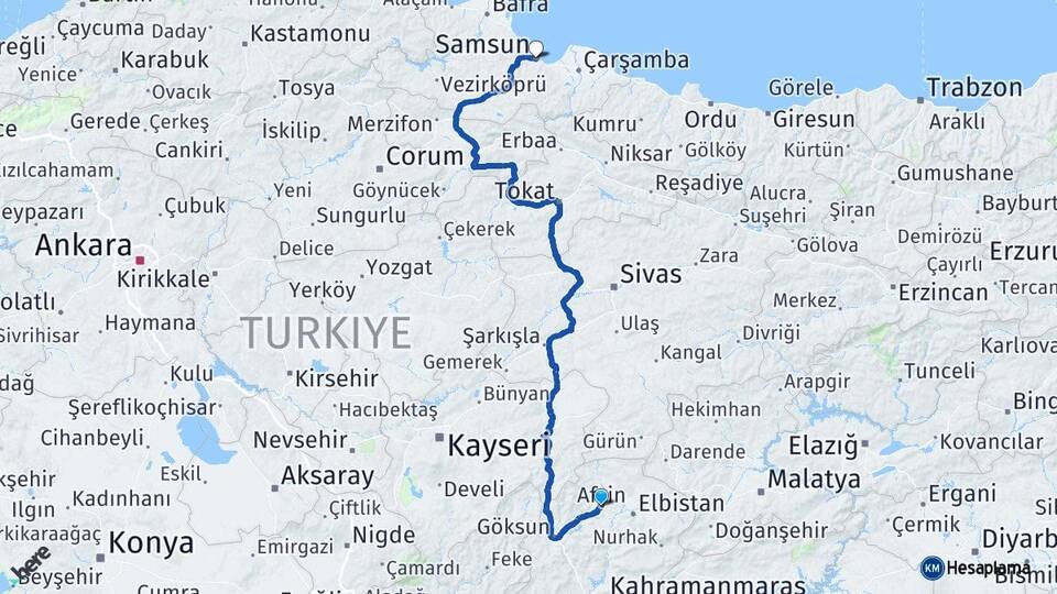Kahramanmaraş Afşin Samsun Arası Kaç Km - Yol Haritası