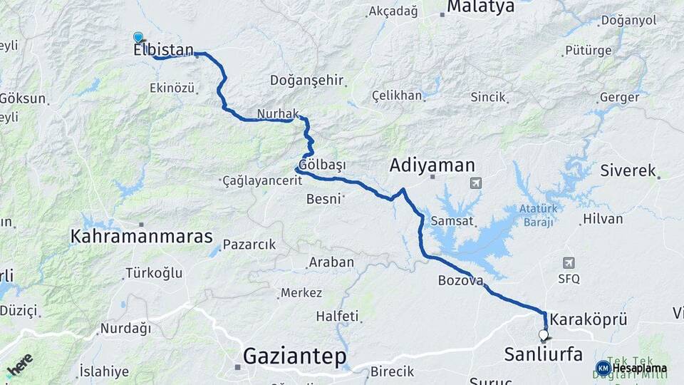 Kahramanmaraş Afşin Şanlıurfa Arası Kaç Km - Yol Haritası