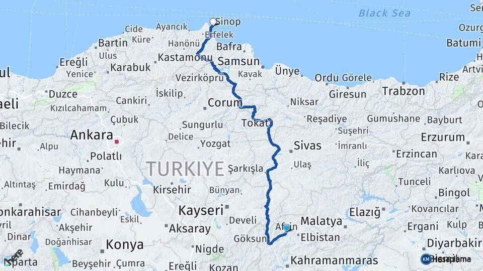 Kahramanmaraş Afşin Sinop Arası Kaç Km - Yol Haritası
