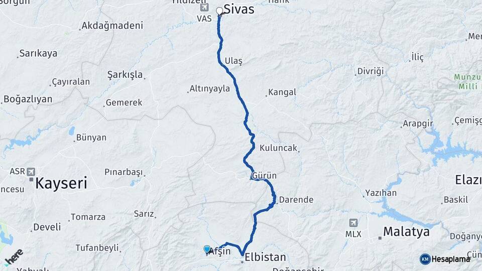 Kahramanmaraş Afşin Sivas Arası Kaç Km - Yol Haritası