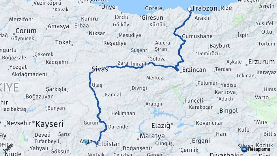 Kahramanmaraş Afşin Trabzon Arası Kaç Km - Yol Haritası