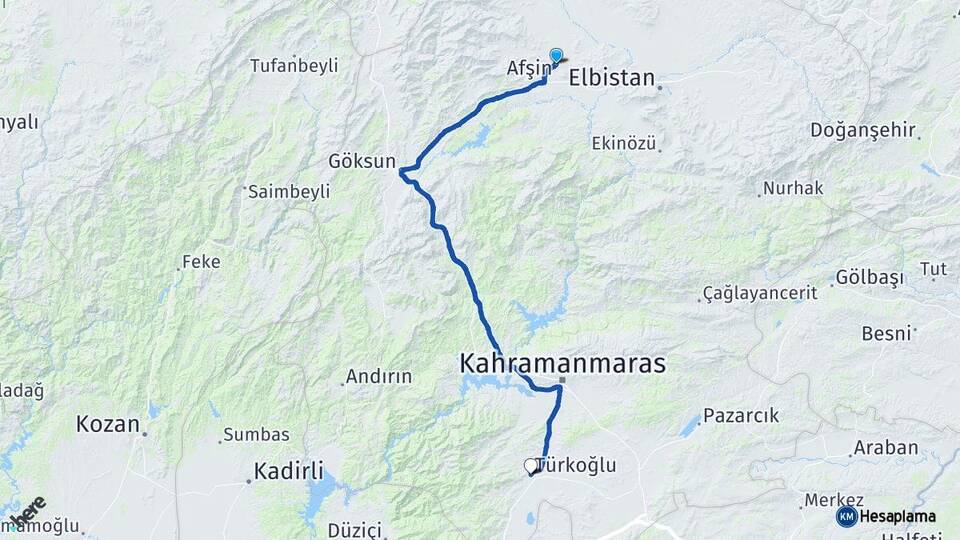 Kahramanmaraş Afşin Türkoğlu Arası Kaç Km - Yol Haritası