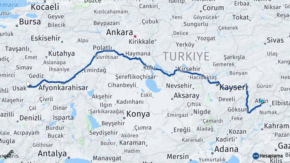 Kahramanmaraş Afşin Uşak Arası Kaç Km - Yol Haritası