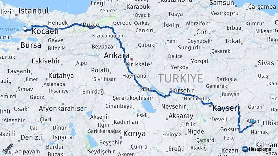 Kahramanmaraş Afşin Yalova Arası Kaç Km - Yol Haritası
