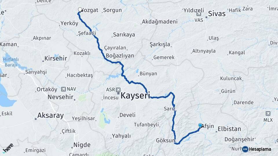 Kahramanmaraş Afşin Yozgat Arası Kaç Km - Yol Haritası