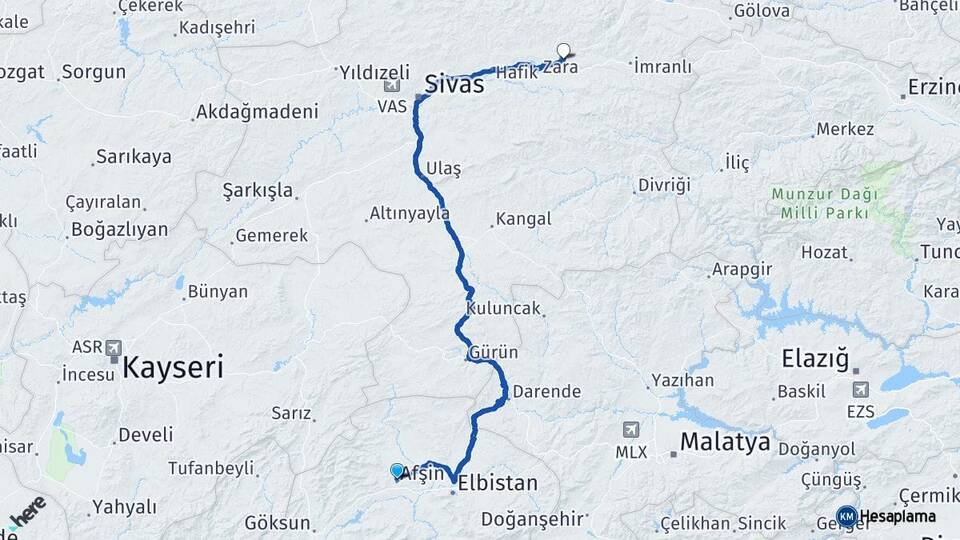 Kahramanmaraş Afşin Zara Sivas Arası Kaç Km - Yol Haritası