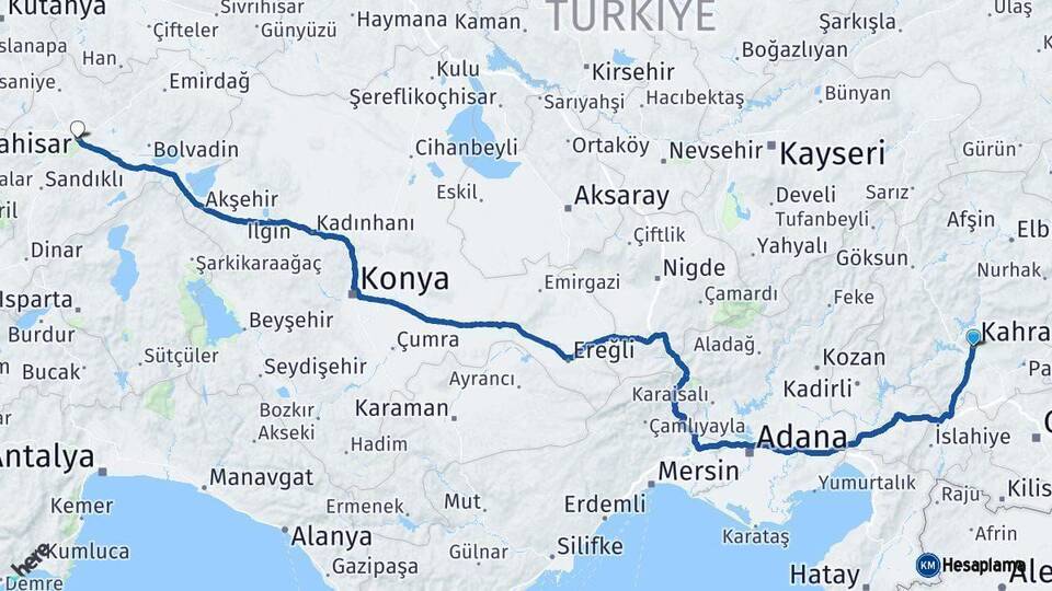 Kahramanmaraş Afyonkarahisar Arası Kaç Km - Yol Haritası