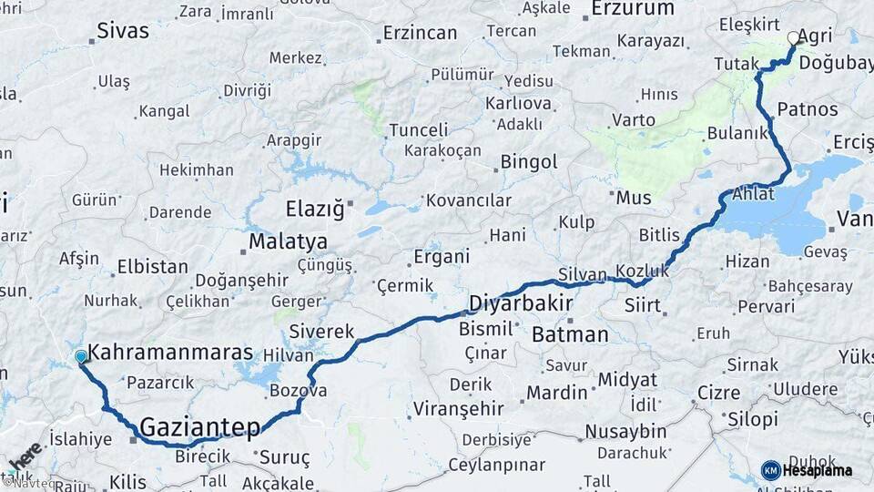 Kahramanmaraş Ağrı Arası Kaç Km - Yol Haritası